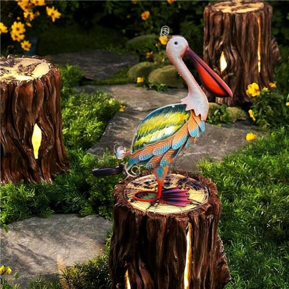 Solar Metal Pelican Statues Garden Sculpture & Statues, Glass Outdoor